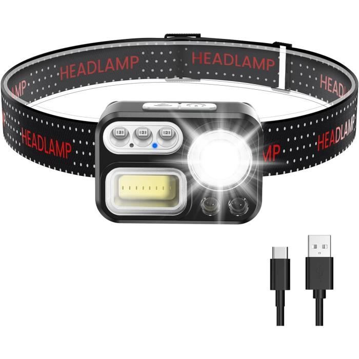 Lampe Frontale LED Rechargeable Puissante, 1300 Lux USB Torche Frontale 5 Modes d'éclairage avec