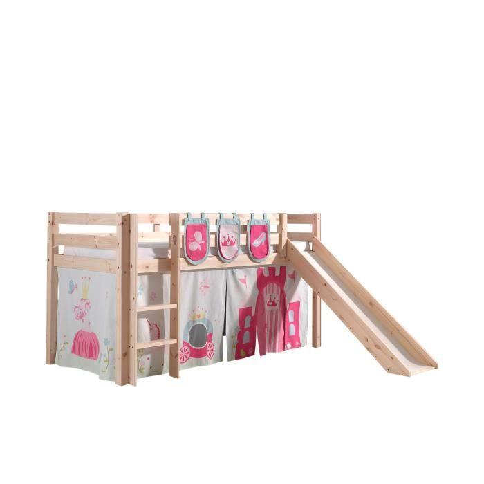 vipack - lit mi-hauteur astrid en bois de pin comprenant la tente de lit et sacs de rangement princess ii