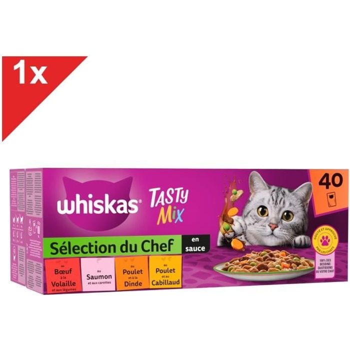 Comparer les prix de Whiskas - Tasty Mix - 40 Sachets fraîcheur en sauce - 4 variétés - Chat adulte - 85g