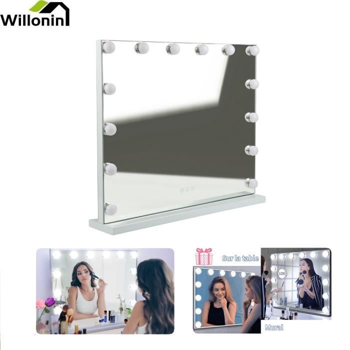 Miroir Tactile de Maquillage sur Table - WILLONIN - Lumière Froide et Chaude - 14 Ampoules LED - 62 x 52 cm