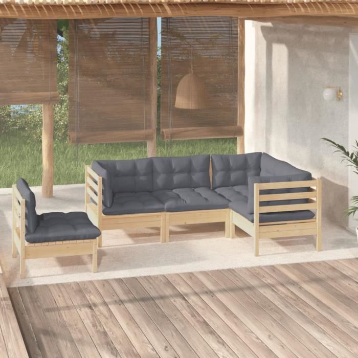 Salon De Jardin 5 Pièces En Bois De Pin Massif - Canapés, Repose-pieds, Coussins Crème - Extérieur - 5
