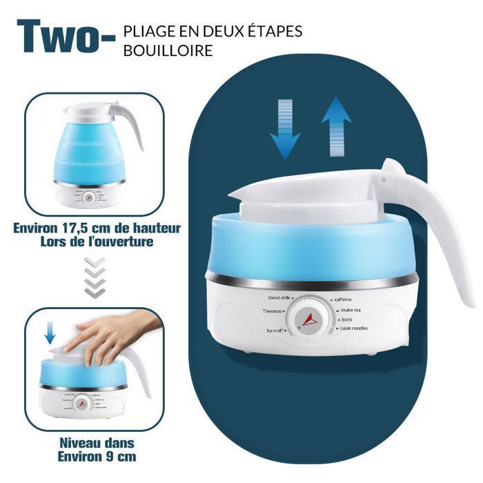 Bouilloire électrique Pliable 600 Ml Silicone - Pour Voyage Et Camping - Arrêt Automatique - Bleu