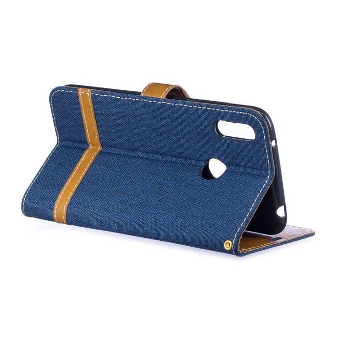Coque Huawei Y6 2019 Denim Pochette Protection Etui Antichoc Housse Huawei Y6 2019 6.09 Bleu fonce