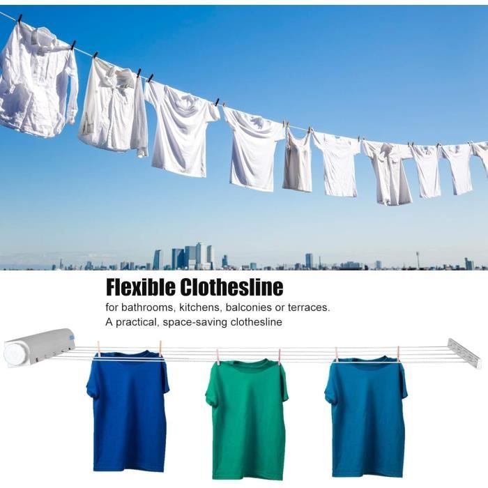 HERCHR Fil à Linge Rétractable Mural 5 Fils 3,75 M - Étendoir Extensible Intérieur/Extérieur Gain De Place