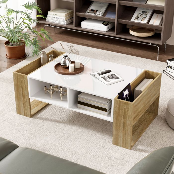 Table Salon Bois Bambou Table Basse Scandinave BonVIVO Franz - Blanc Et Bambou - Design Moderne Pour Salon Tavolino Basso Da Salotto