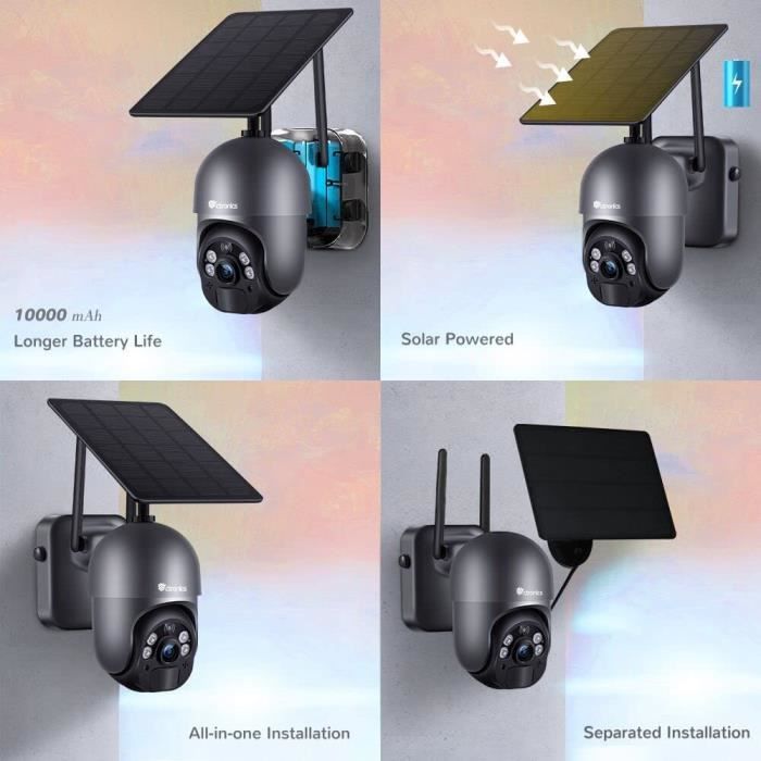 2K 4MP Ctronics Caméra Surveillance WiFi Solaire Extérieur sur Batterie  10000mAh Vision Nocturne Couleur Détection Humaine PIR