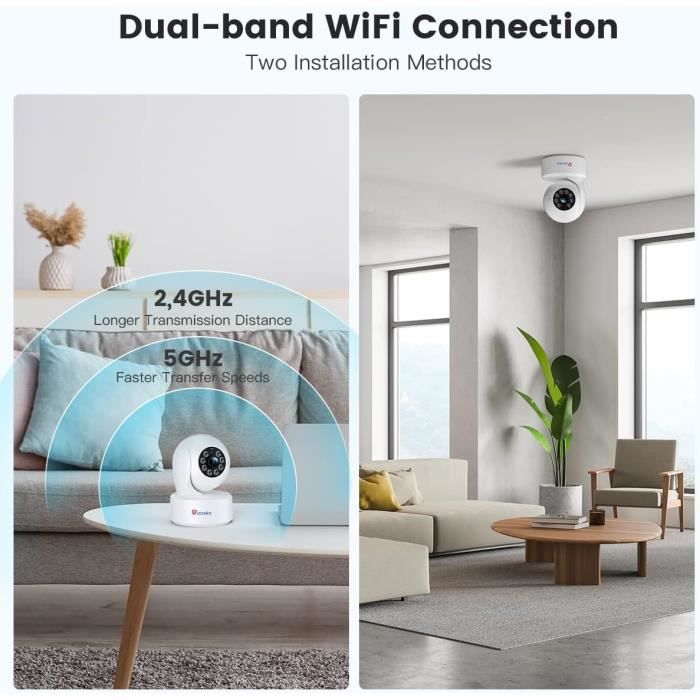 Caméra De Surveillance Intérieure 4K 360° - Détection Personnes/animaux/pleurs - Audio Bidirectionnel - WiFi Double Bande - 5