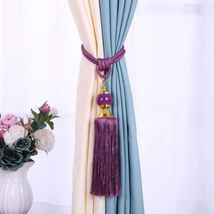 2PCS Embrasses Rideau Pompon Arc En Ciel - Perles Bois Naturelles, Fixation Sans Percage Pour Chambre Enfant Et Salon