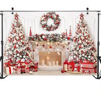 Toile De Fond Déco Noël Vintage - 210x150 Cm, Motif Cheminée Avec Nœud Rouge Et Sapin, Vinyle, Pour Fête Et Photos - 7