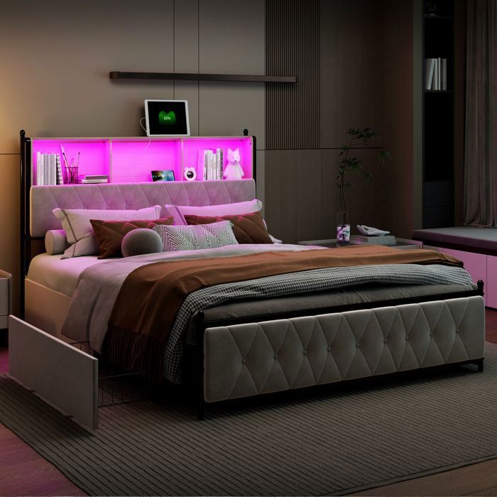 Lit double rembourré 180x200 cm avec éclairage LED et ports USB, lit