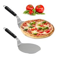 2 x Pizzaschieber mit Holzgriff, rund, aufhängen, Schaufel BxT: 16,5x17,5 cm, Pizzaheber Edelstahl, silber/schwarz