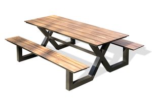 Ensemble table et chaise de jardin Table de jardin avec bancs VANCOUVER (210x174 cm) en aluminium et HPL effet bois - GRIS ANTHRACITE