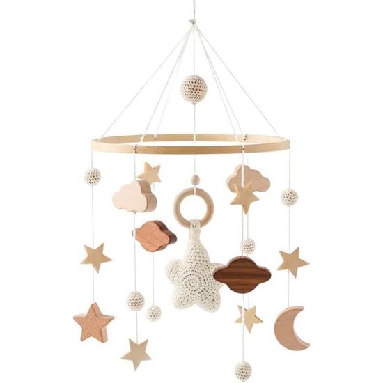 Mobile bébé musical en bois - Marque - Modèle - Étoile et lune en bois - Style nordique - Blanc