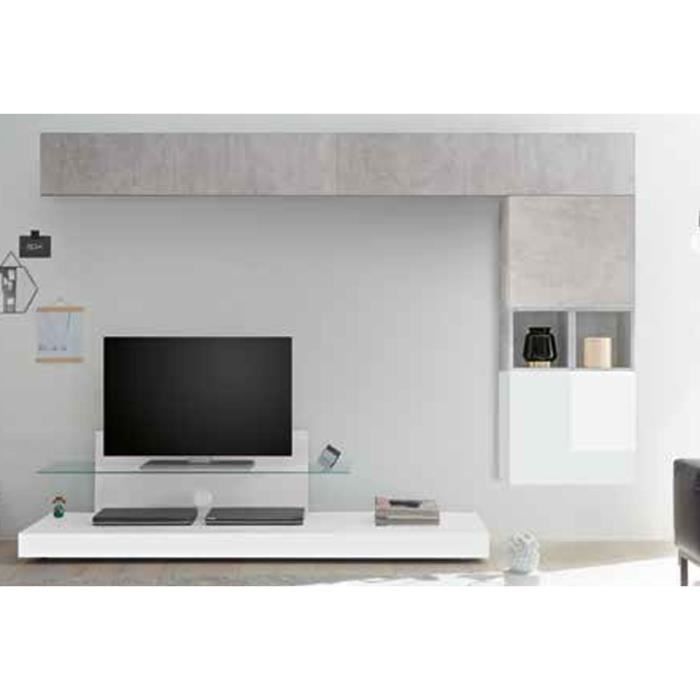 LUDOVICA 31 LAQUE BLANC ET BETON ENSEMBLE COMPOSITION MURALE MEUBLE TV TENDANCE