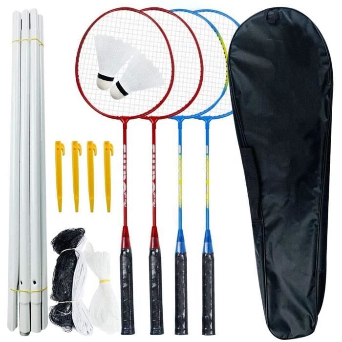 Kit de Raquette de Badminton, Pack de 4 Ensembles de Combinaison de Raquette de Badminton Léger avec 2 Volants Kit de Filet de Sac d