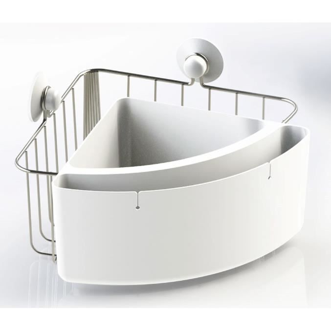 Panier de douche d'angle en acier inoxydablet et ABS - 2 compartiments de rangement - 2 ventouses incluses - Métal - blanc -