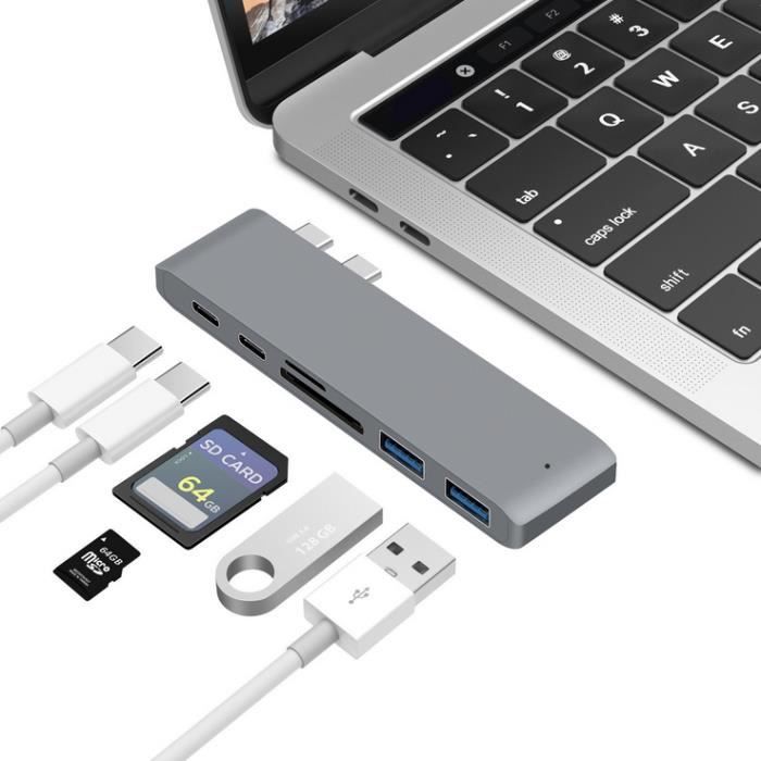 Hub USB C MacBook Pro, Adaptateur HUB Double Type-C 6 en 1 avec 2 Ports Type-C, 2 Ports USB 3.0, 1 Port Carte SD/TF
