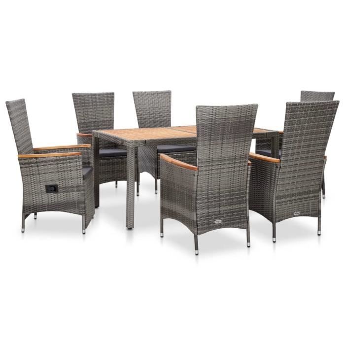 Salon de jardin 1 table AVEC 6 chaises à dossier haut avec coussins Résine tressée Gris