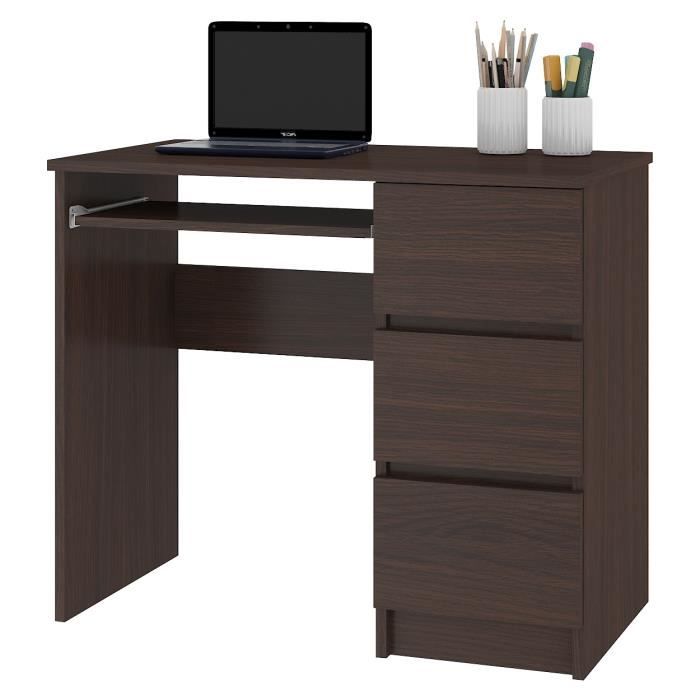 MIR - Bureau informatique multimédia moderne 90x77x50 - 3 tiroirs + support clavier - Table ordinateur multi-rangements - Wenge