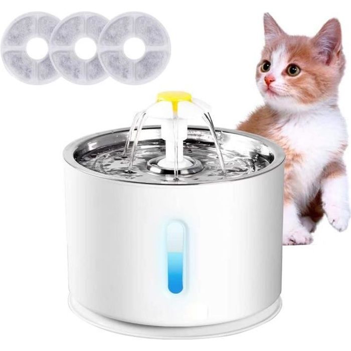 Fontaine à Eau pour Chat et Chien 2.4L avec Filtre et Lumière LED, Arrêt Automatique, Pompe Silencieuse,Blanc et Gris