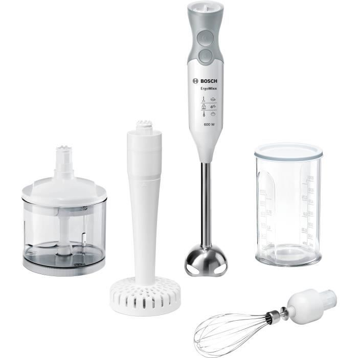 BOSCH MSM66155 Mixeur plongeant blanc. Moteur 600 Watt-11200 t/mn, silencieux et leger. 12 vitesses+turbo. Accessoires polyvalents