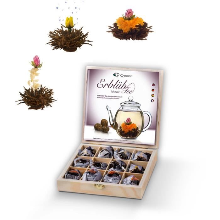 CREANO Coffret cadeau de fleurs de thé Creano dans une boîte de présentation en bois Thé noir 12 fleurs de thé en 3 variétés