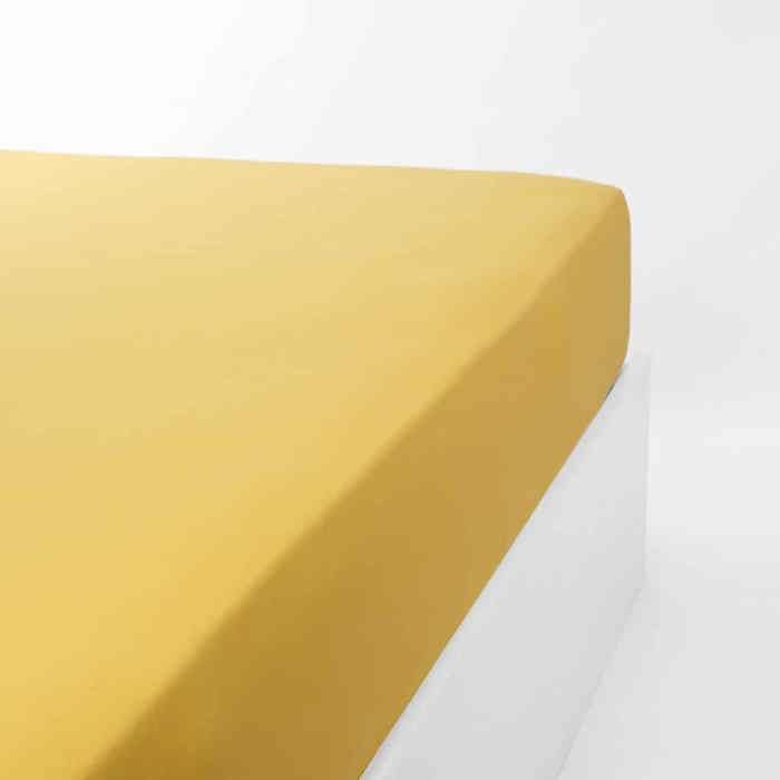 LINANDELLE - Drap housse coton jersey extensible DOUCEUR - Jaune or - 200x200 cm