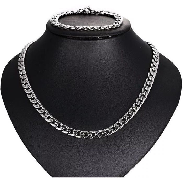 Chaine & Bracelet Homme Maille Cubaine Acier Inoxydable 7mm