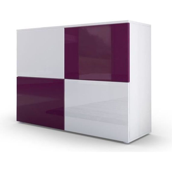 Commode moderne façades bicolores prunes et blanches laquées et corps mat blanc