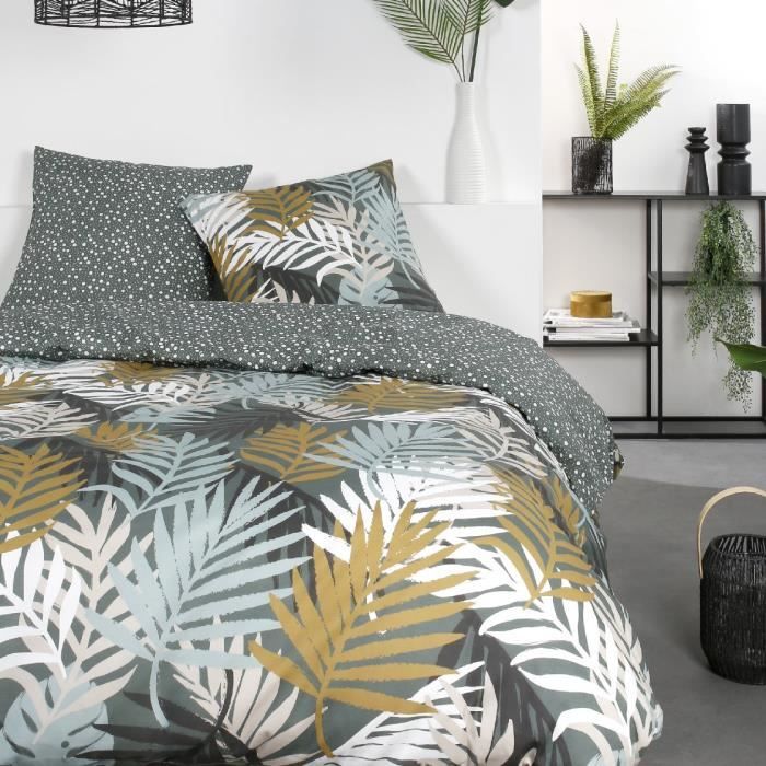 Parure de lit Mawira - 2 personnes - 240 x 220 cm - 100% coton - Bleu Motif Tropical - TODAY