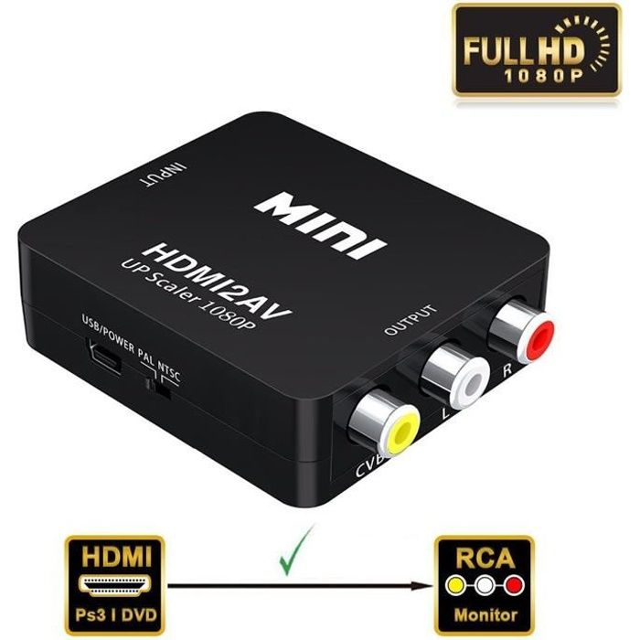 Convertisseur audio vidéo 1080P/720P compatible HDMI vers AV/RCA Composite CVBS adaptateur pour PC portable HDTV STB VHS magnétoscop