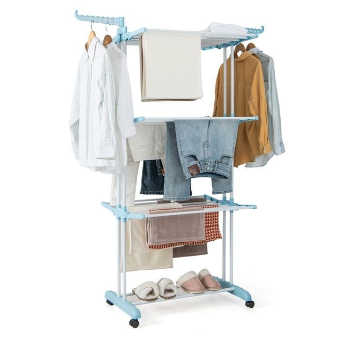 GIANTEX Étendoir/Séchoir à Linge Pliable à Roulettes-4 Niveaux-24 Rails de Séchage+2 Porte-Cintres+Porte Chaussures-en Métal- Bleu