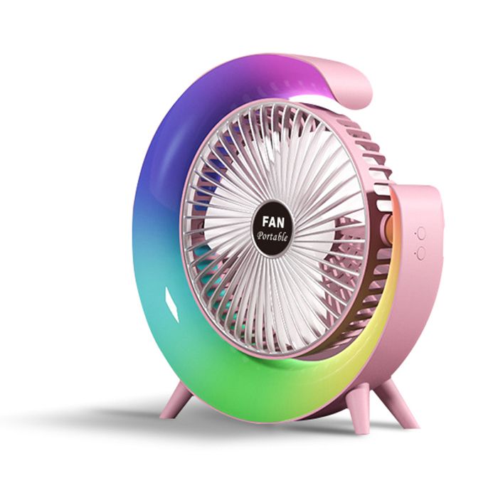 Ventilateur de Bureau portable Avec Veilleuse RGB 5 Effets de Lumière 3 Vitesses Réglable Rotation à 180° pour Chambre Bureau Rose - Prumya