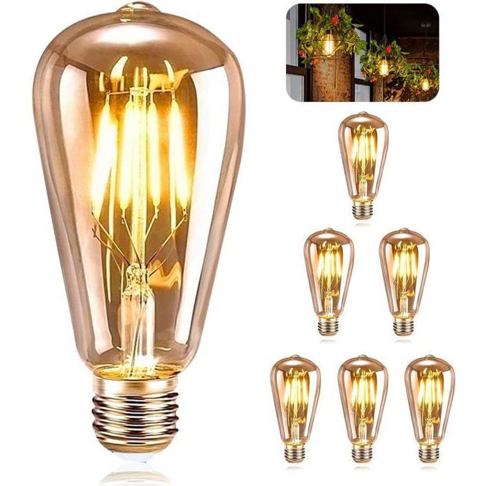 Ampoule E27 Vintage 6 Pièces LED E27 ST64 Lampe Décorative Rétro Edison Vintage Antique 4W Filament Blanc Chaud