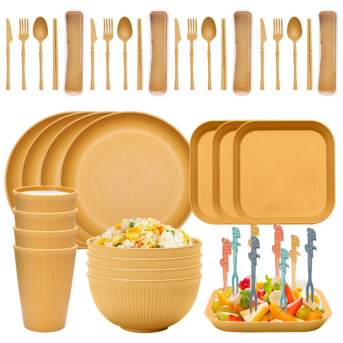 Ensemble dassiettes écologiques vaisselle en paille de blé bol Ramen assiettes à dîner 48 pièces - Jaune