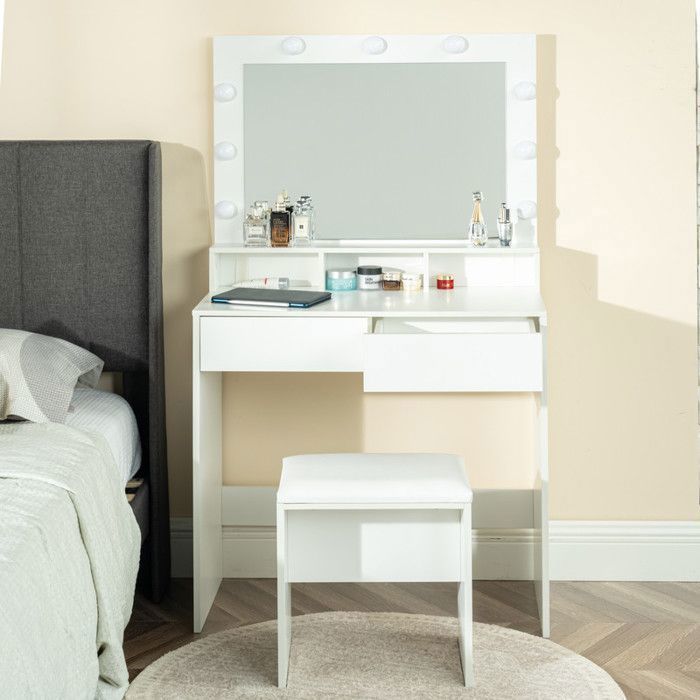 Aovquof Grande coiffeuse avec miroir hollywood et éclairage LED, 6 tiroirs, 3 armoires de rangement, chaise incluse, pour chambre à coucher et salle de maquillage