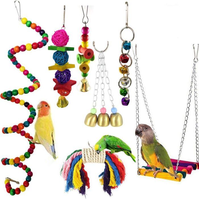 Perroquet Jouets Suspendus, 7 Pcs Oiseau Perroquet Jouets Oiseau Suspendu Cloche Jouet Oiseau Balançoire Suspendu
