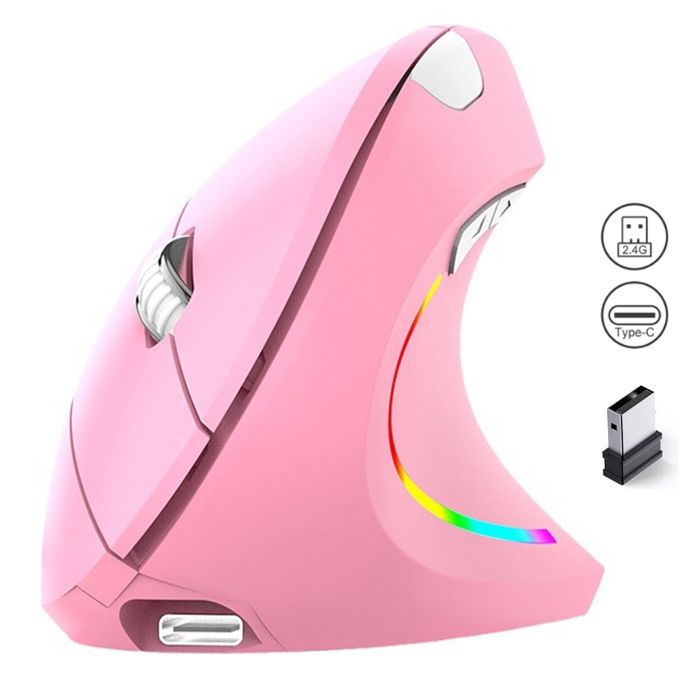 Souris Ergonomique sans Fil 2.4G Rose Silencieuse Verticale Souris avec 2400 DPI Réglable 6 Boutons pour PC Ordinateur Portable