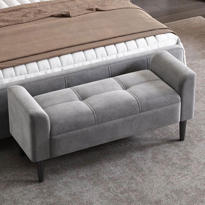 Banc rembourré avec accoudoirs banc de chambre banc de piano banc de salle à manger avec motif matelassé velours MDF gris