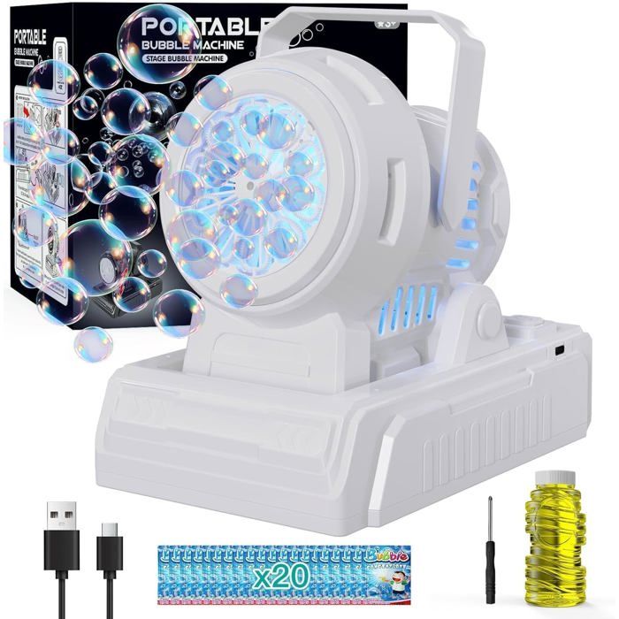 Machine à Bulles Automatique Avec Angle Réglable – 20000 Bulles/min, Lumières LED, Portable Pour Enfants