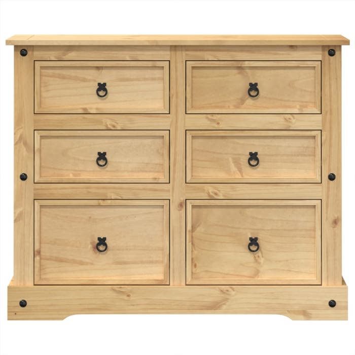 Commode en bois massif de pin - WIENS - 110x43x91 cm - Brun - 6 tiroirs - Finition cire de miel - Poignées en métal