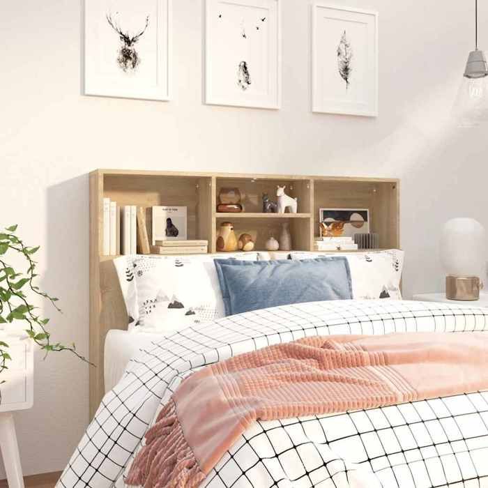 Armoire de tête de lit - Happiness - Chêne sonoma - 120x19x103 5 cm - Bois dingénierie - Quatre compartiments Armoire de tête de lit - Happiness - Chêne sonoma - 120x19x103 5 cm - Bois dingénierie - Quatre compartiments