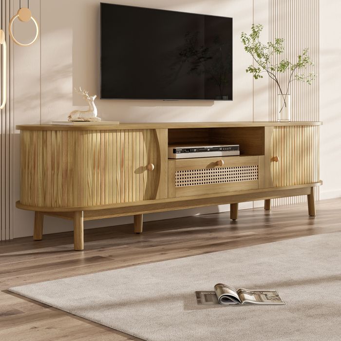 Meuble TV en rotin - MODERNLUXE - 165x37x46 cm - 2 portes coulissantes - 1 tiroir en rotin - Style campagnard - Naturel