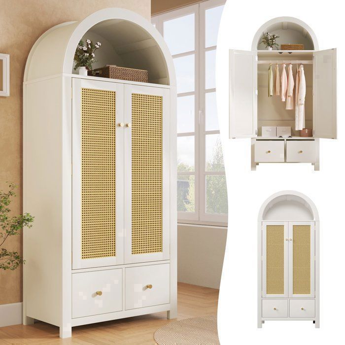 Armoire Chambre 2 Portes Blanc en Rotin Portes Magnétiques 2 Tiroirs Étagère Semi-ronde Sécurité Anti-basculement - 181x78x45