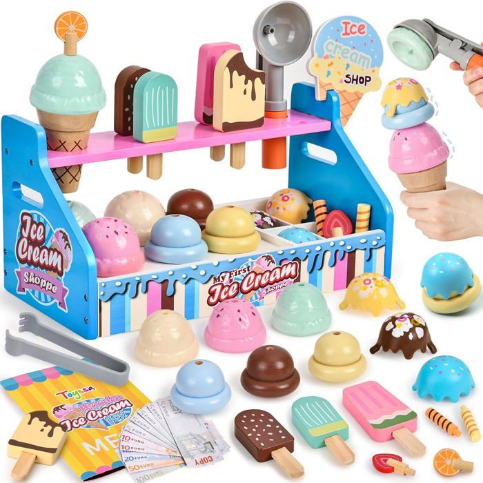 Glacier Jouet En Bois Pour Enfant - Comptoir à Glaces Avec Accessoires, Jeu De Rôle Éducatif 3-7 Ans (Cadeau Fille Garçon)