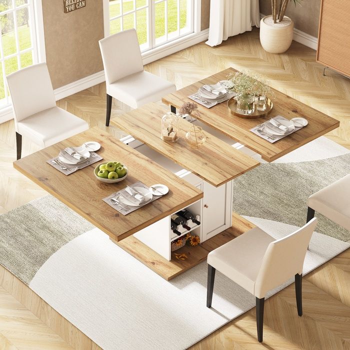 Table à manger extensible 110x80x75 cm 4 à 6 personnes avec système de rangement en MDF couleur naturelle et blanc