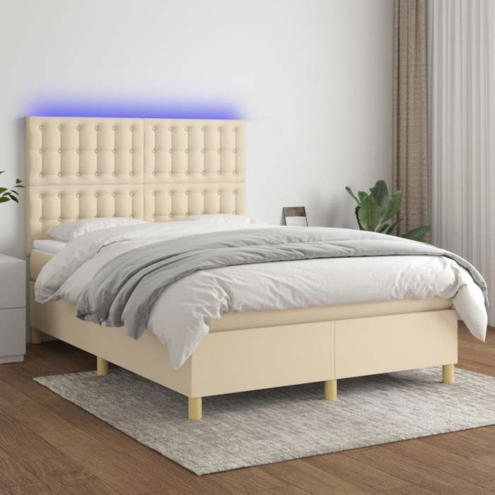 Lit avec sommier et matelas - vidaXL - 140x190 cm - Crème - Tissu polyester - Matelas à ressorts ensachés
