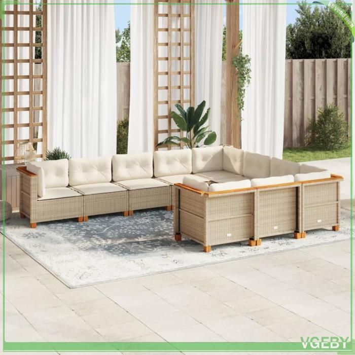 Salon de jardin - 3262033 - Beige - Résine tressée & acacia - Modulaire 10 places