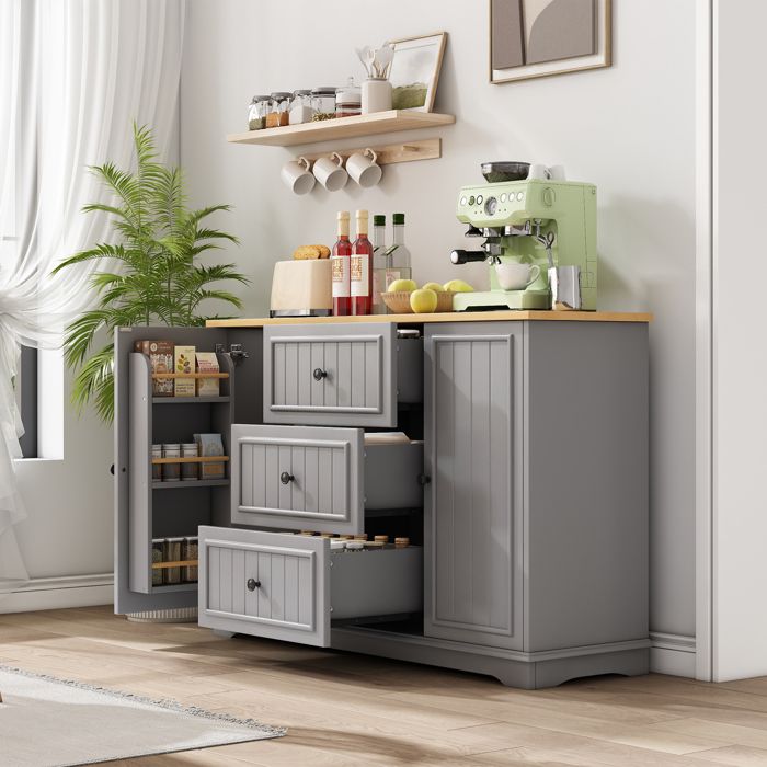 Merax Buffet Gris Cuisine avec 3 Tiroirs et Portes Meuble de Rangement Moderne avec Étagères Réglables Plan de Travail