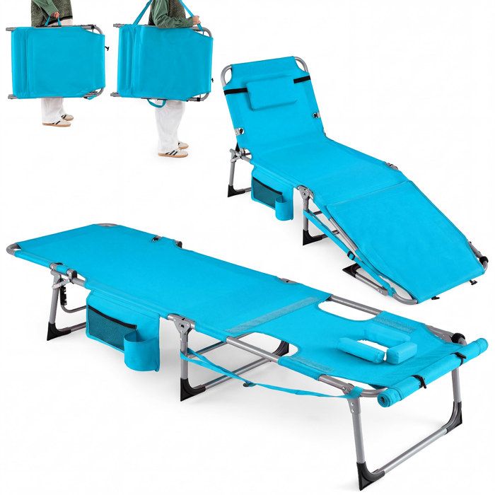 COSTWAY Chaise Longue Pliante avec Oreiller Amovible et Cavité Faciale Dossier Réglable à 5 Positions 150 kg Bleu Clair COSTWAY Chaise Longue Pliante avec Oreiller Amovible et Cavité Faciale Dossier Réglable à 5 Positions 150 kg Bleu Clair